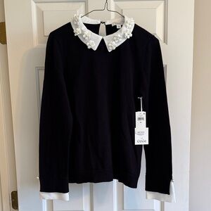 CeCe Black Top with White Collar and Pearl Accents